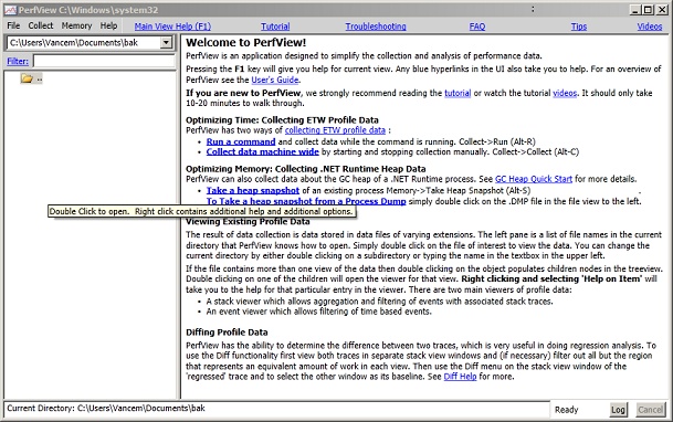 PerfView main window showing home screen with hyperlinked navigation and common tasks