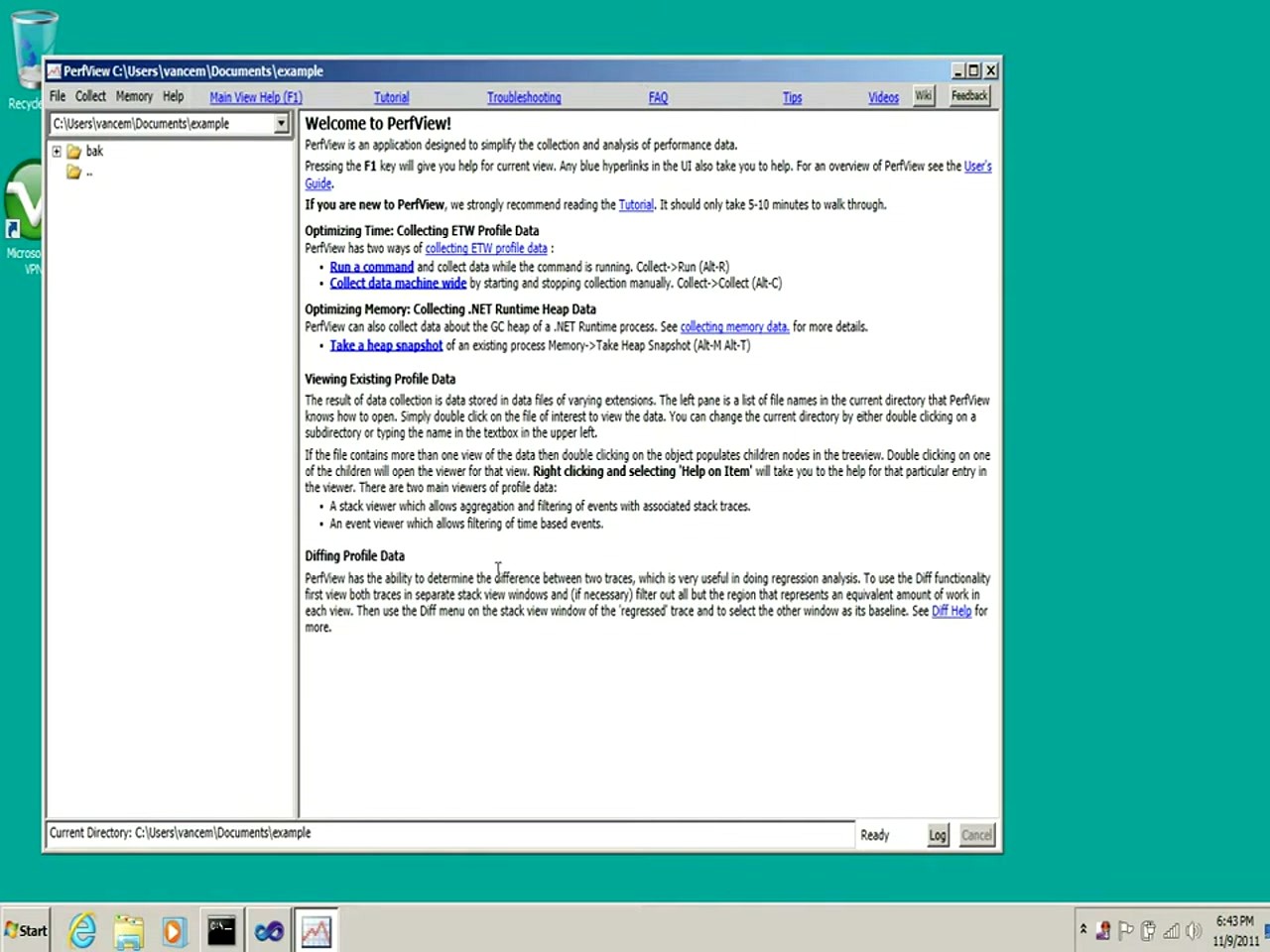 PerfView Welcome Screen showing the main view with Quick Start guide and data collection options