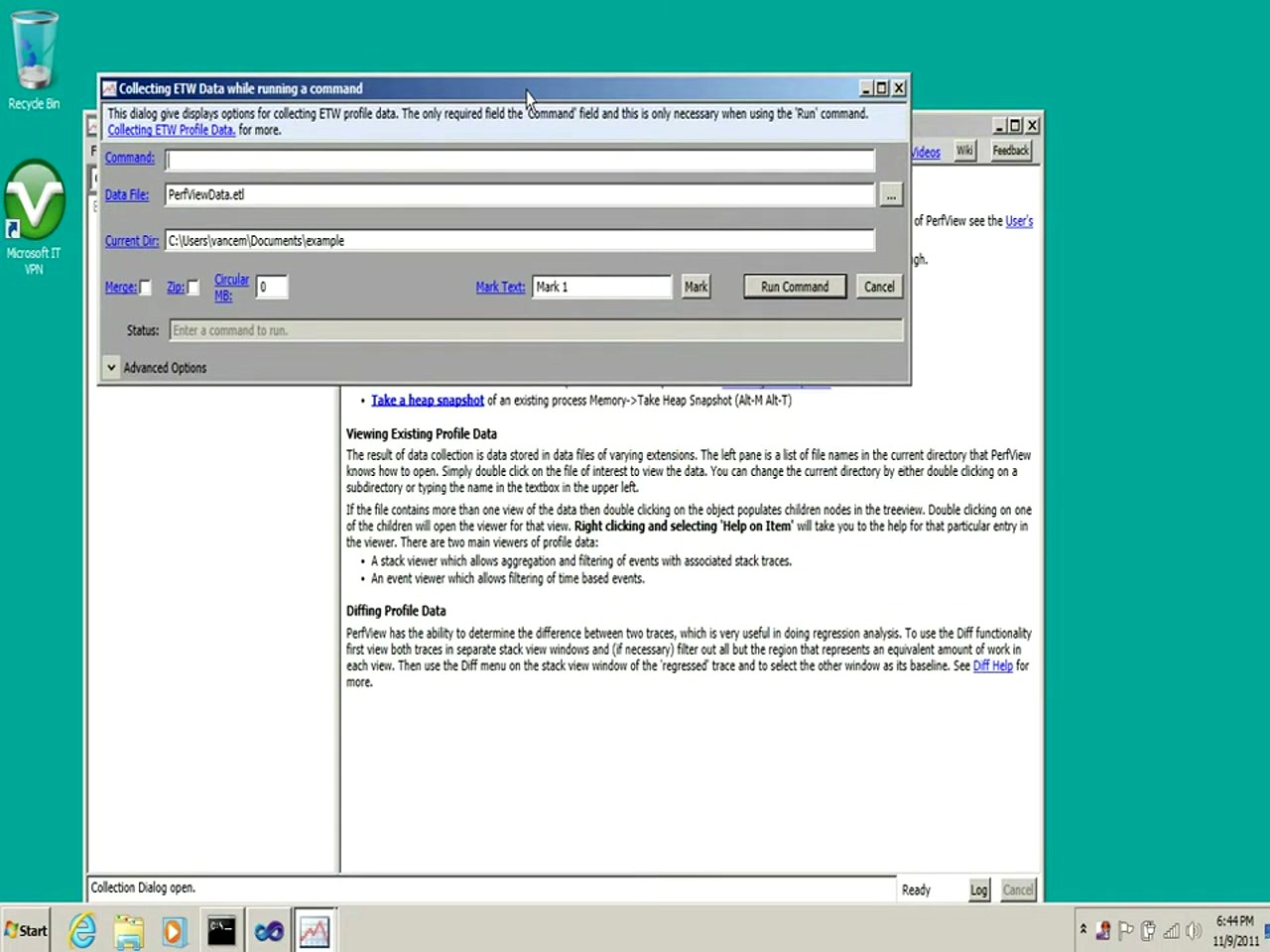 PerfView Collect dialog showing Command, Data File, and Current Dir fields with Run Command button