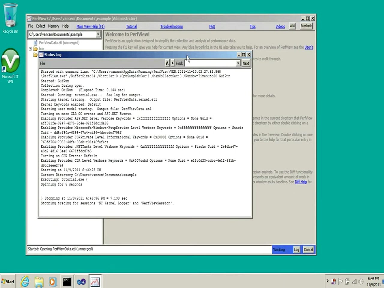PerfView Status Log showing trace collection progress with kernel and user mode tracing events