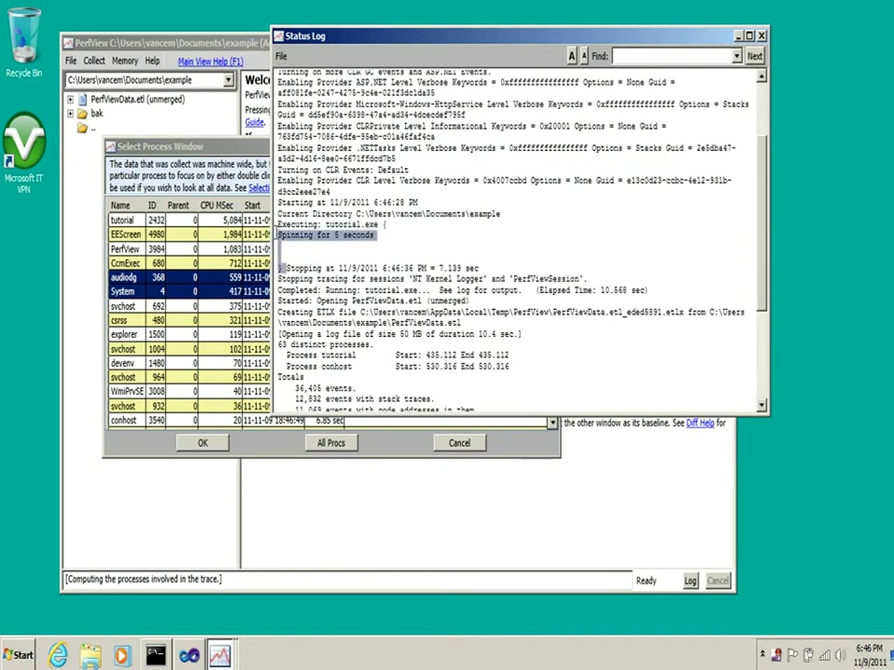 PerfView Select Process Window showing list of captured processes with CPU usage and duration