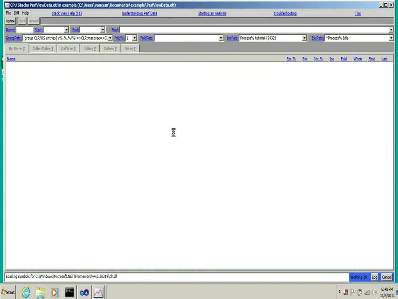 PerfView CPU Stacks Viewer showing method list with Exc%, Exc, Inc%, Inc columns and filter options